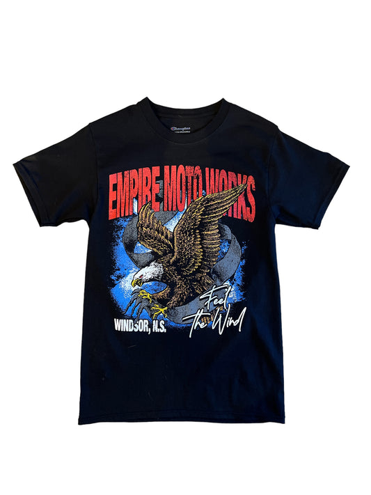 A classic looking biker Tshirt with an eagle, talons out, with the test "feel the wind"
